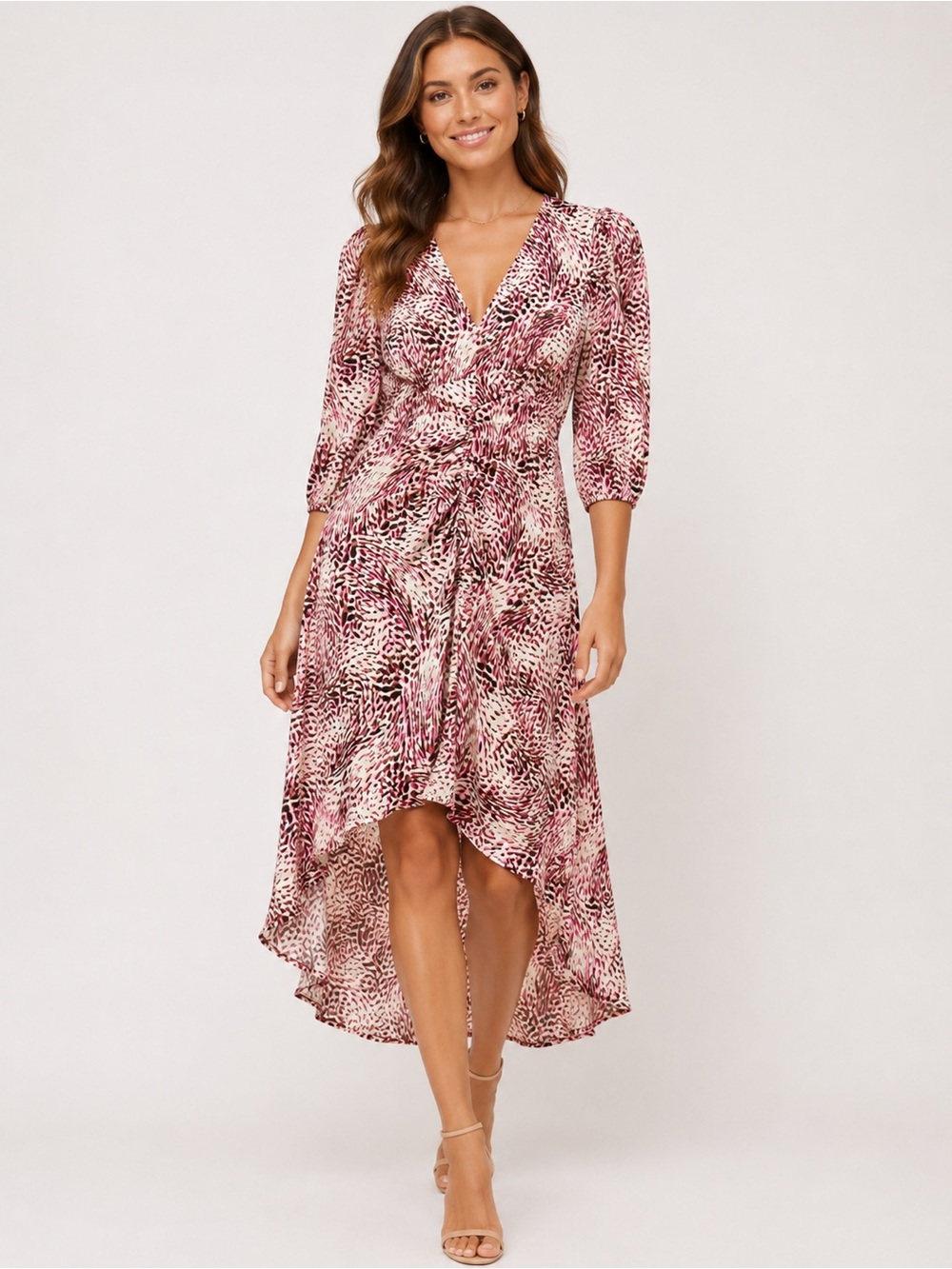 Express Abstract Animal Print Ruched High-Low Midi Dress